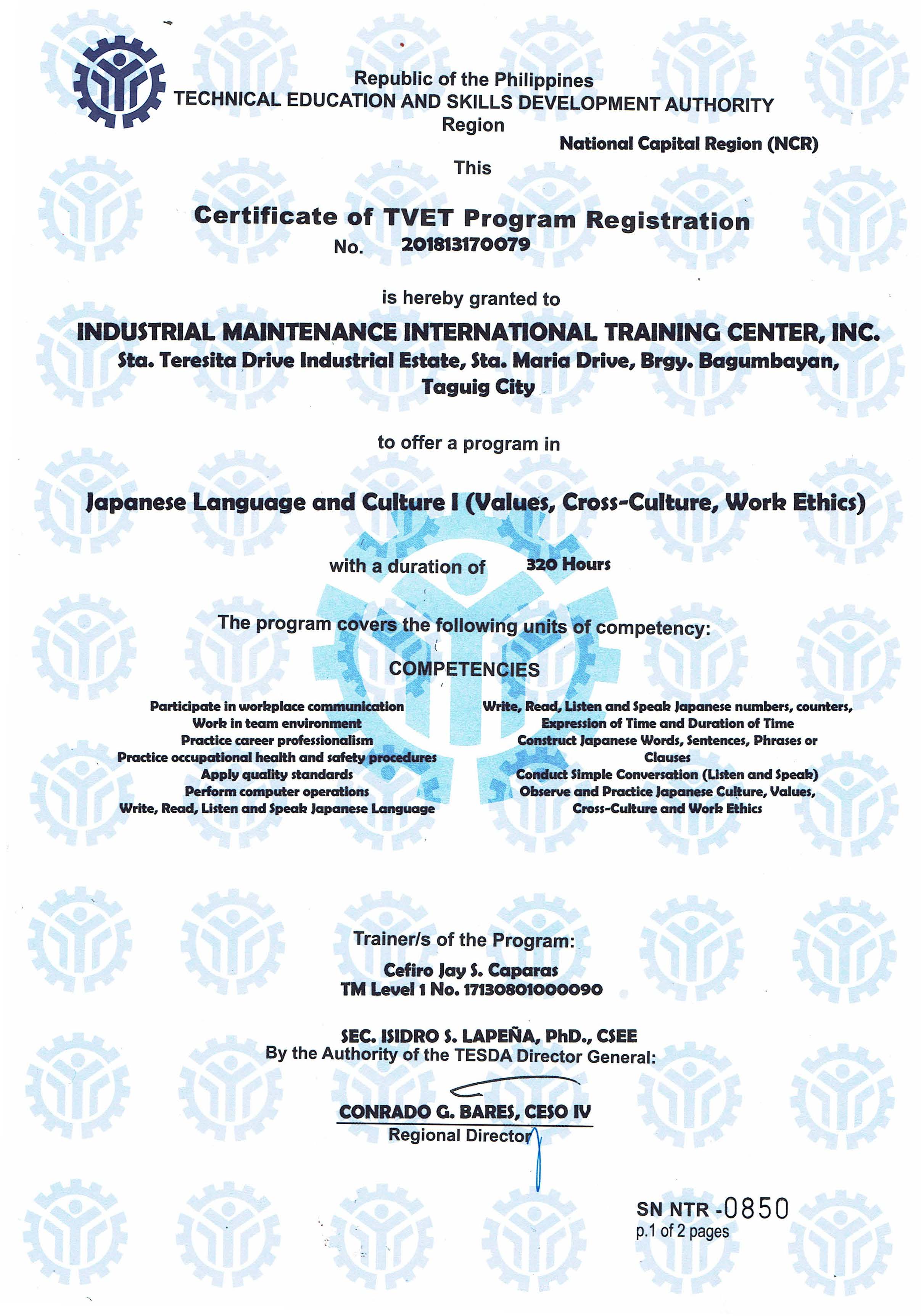 TESDA - Certificate of TVET Program Registration