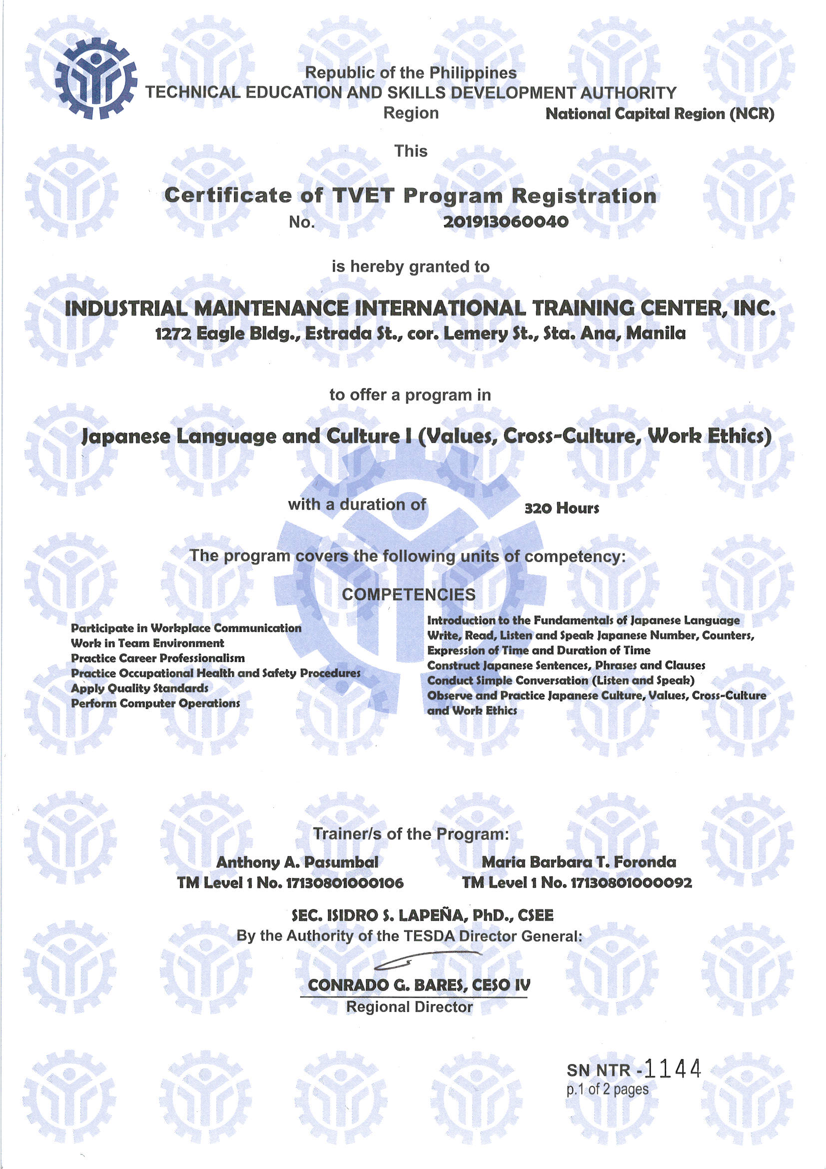 TESDA - Certificate of TVET Program Registration