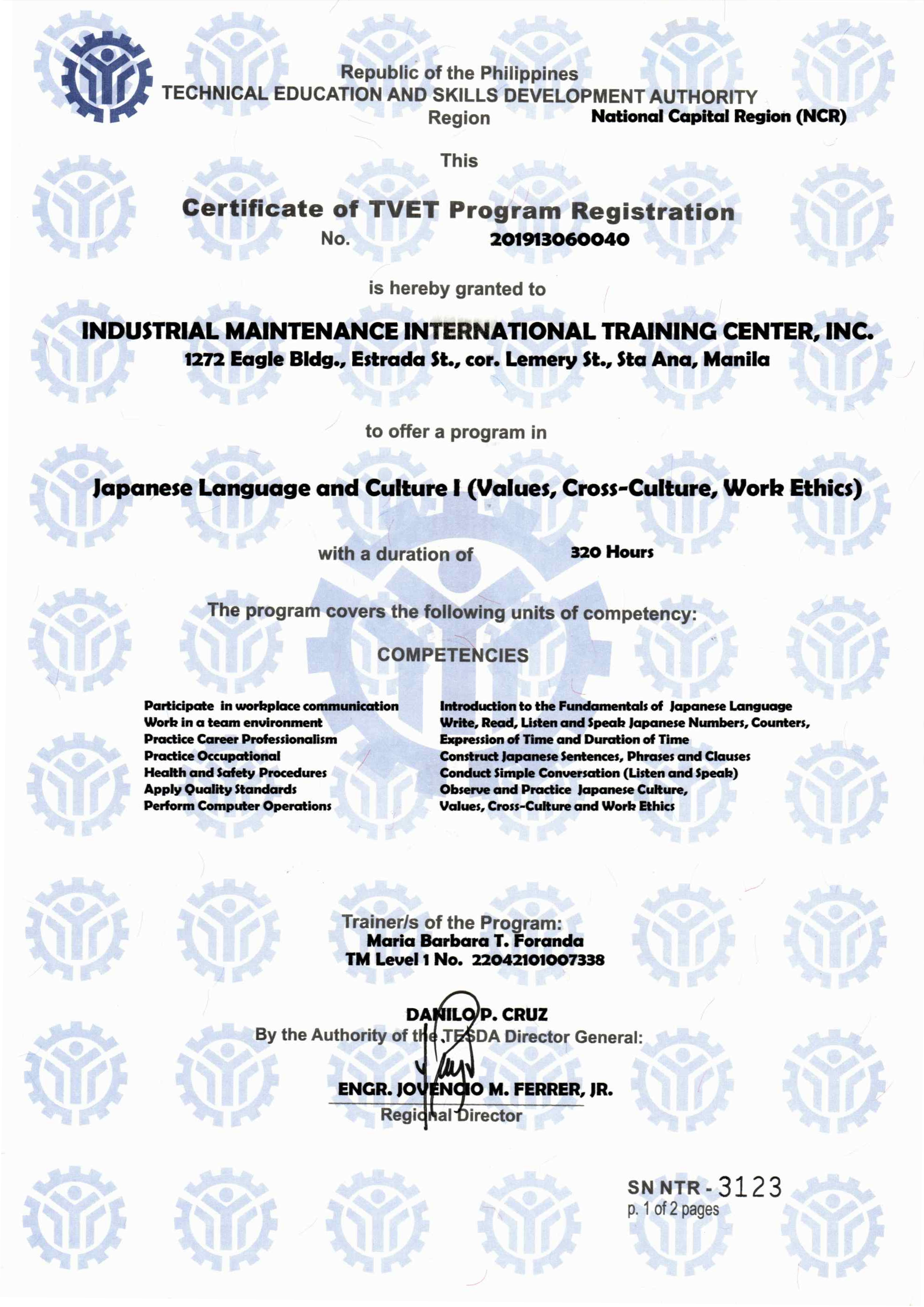 TESDA - Certificate of TVET Program Registration